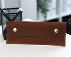 Rich Dark Brown Slim Flat Rectangular Snap Fastener Stationery Sleeve With Fine Side Edge Stitching And Overlapping Front Storage Flap