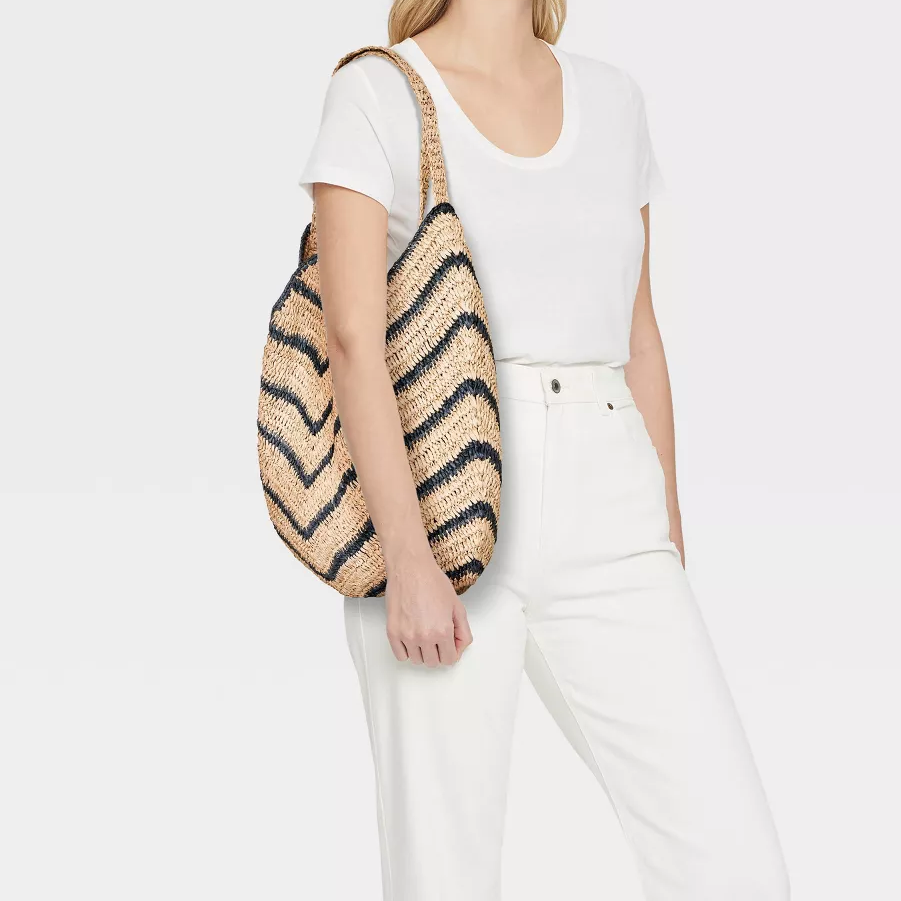 Chevron Woven Straw Tote Bag